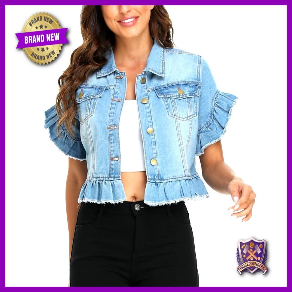 Distressed Denim Jacket Ruffle Sleeve Cropped Fitted Y2K Chic Button Down